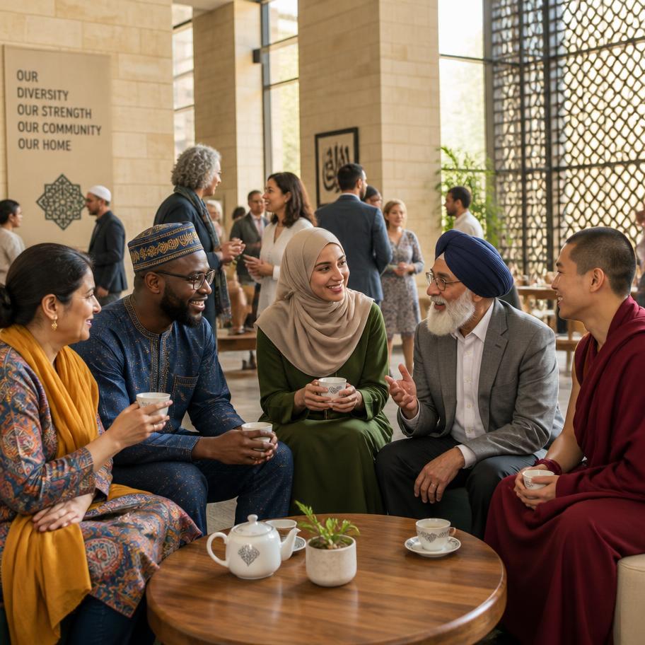Neighbors of many backgrounds sharing tea in the mosque's community hall