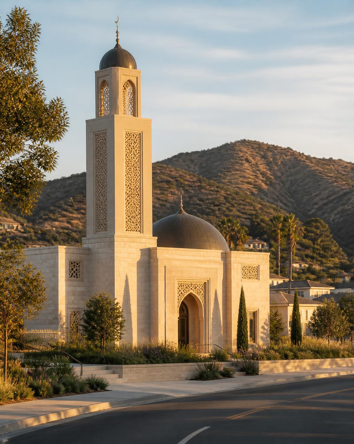 Dos Vientos Mosque at golden hour, with carved limestone screens and the Newbury Park hills behind