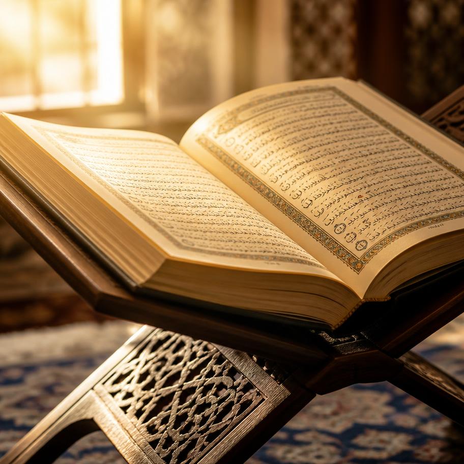 An open Qur'an on a carved wooden stand lit by warm sunlight